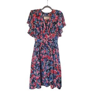 Candi Jones Vintage 80's Floral Ruffled Vibrant Short Sleeve Midi Dress Sz 9/10